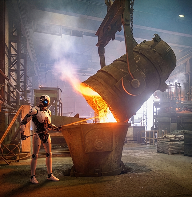 A humanoid robot working in a steel plant
