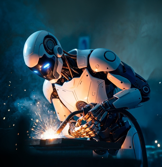 A humanoid robot welding with a welder's torch in an industrial setting